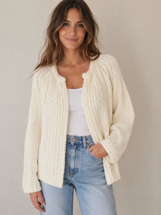 Pacific Sweater Exchange Sweaters - Pacific Sweater Exchange vintage 1980s or 1990s cream boucle knit open cardigan
